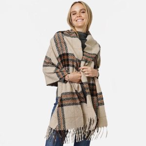 Soft Plaid Scarf With Tassels - Beige