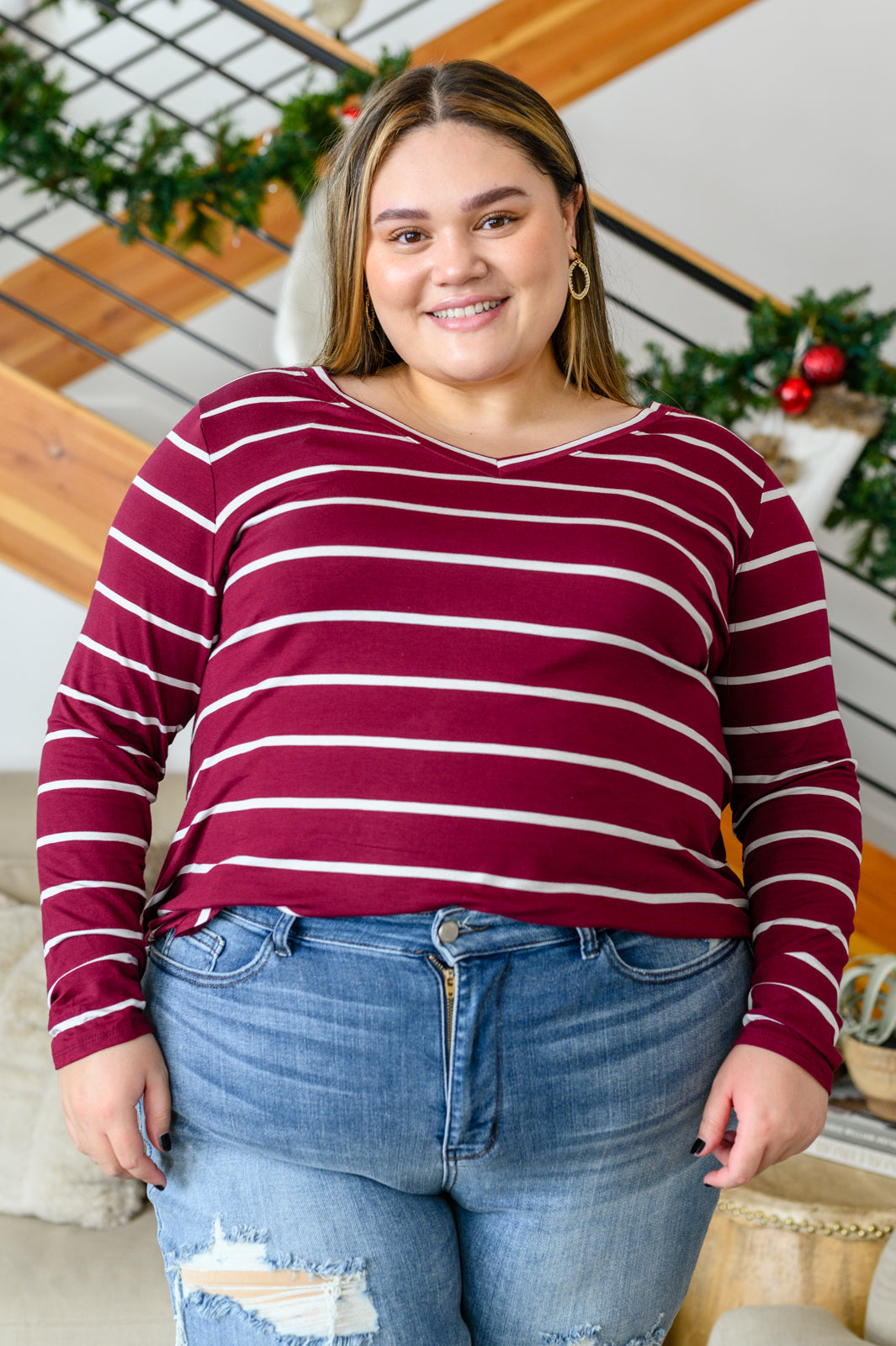 ErikaStripedV-NeckLongSleeveTopinBurgundy14