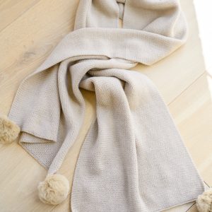 Knitted Fuzzy Pom Pom Scarf In Beige